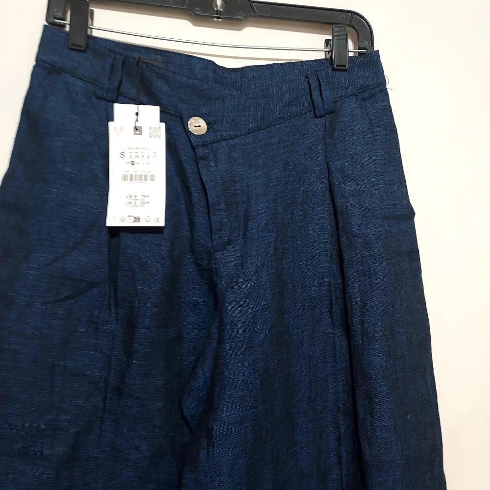 Zara 100% Linen Indigo Wide-Leg Wrap Front Pants And Pleats Detail Sz-S